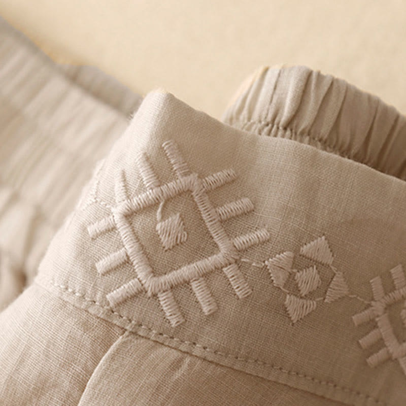 Buddha Stones Geometric Embroidery Elastic Waist Women's Cotton Linen Wide Leg Pants With Pockets