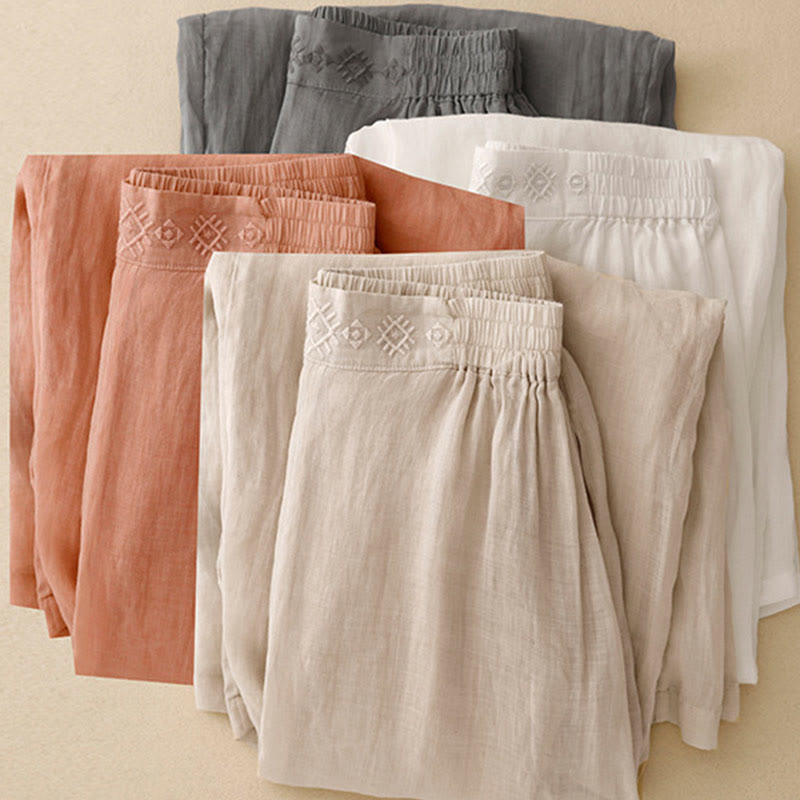Buddha Stones Geometric Embroidery Elastic Waist Women's Cotton Linen Wide Leg Pants With Pockets