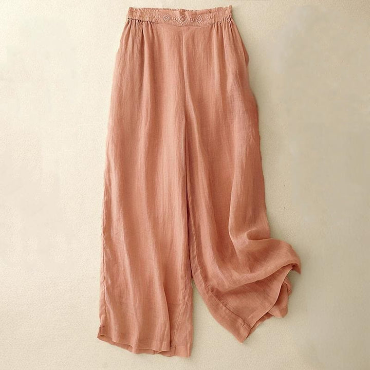Buddha Stones Geometric Embroidery Elastic Waist Women's Cotton Linen Wide Leg Pants With Pockets