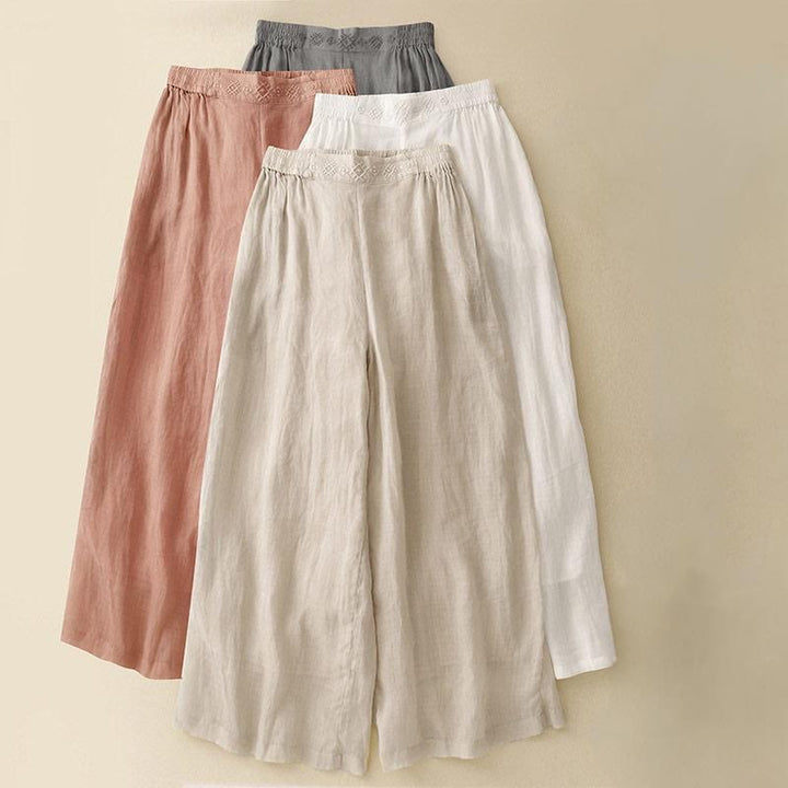Buddha Stones Geometric Embroidery Elastic Waist Women's Cotton Linen Wide Leg Pants With Pockets