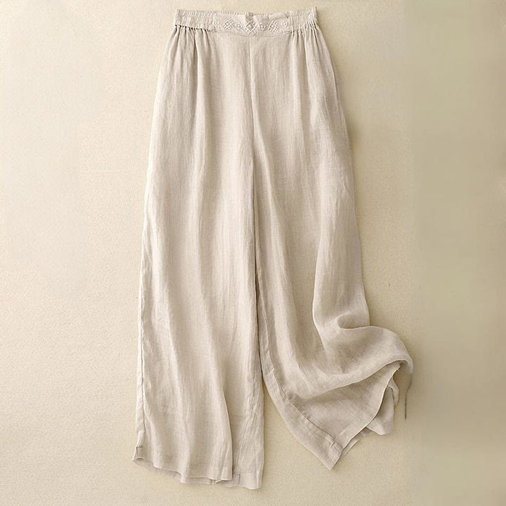 Buddha Stones Geometric Embroidery Elastic Waist Women's Cotton Linen Wide Leg Pants With Pockets