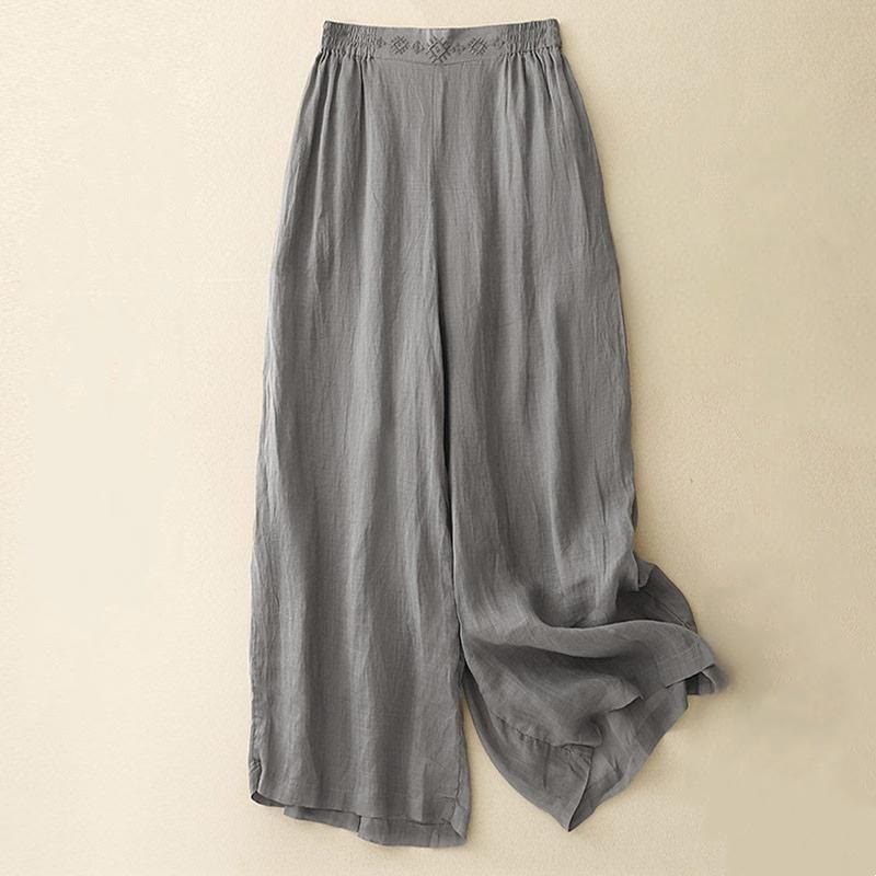 Buddha Stones Geometric Embroidery Elastic Waist Women's Cotton Linen Wide Leg Pants With Pockets