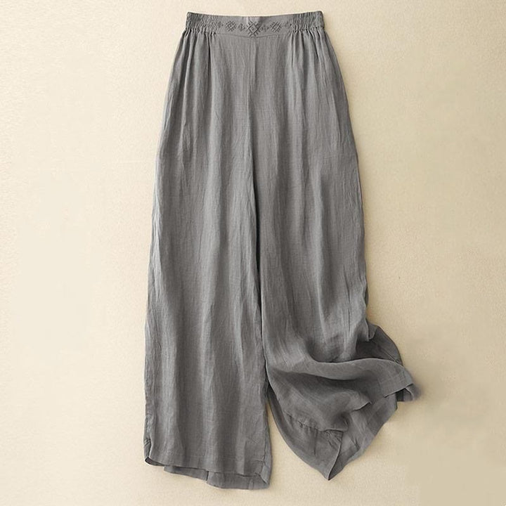 Buddha Stones Geometric Embroidery Elastic Waist Women's Cotton Linen Wide Leg Pants With Pockets