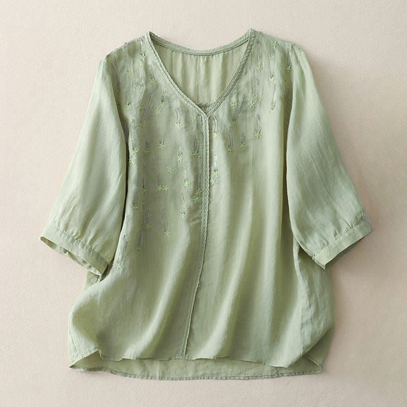 Buddha Stones Casual Shooting Star Embroidery V-Neck Half Sleeve Cotton Linen Women's Shirt - LightGreen - US8-10，UK/AU12-14，EU40-42 (2XL) - image 9