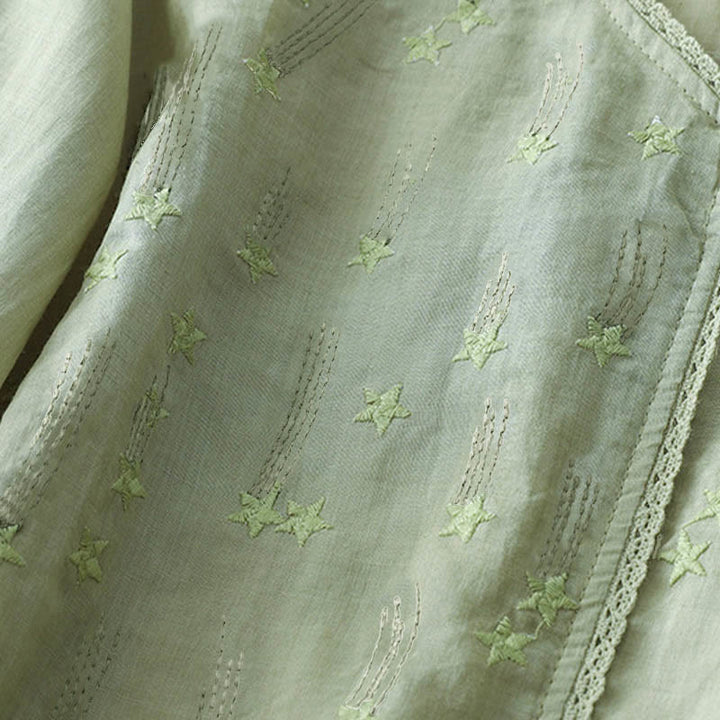 Buddha Stones Casual Shooting Star Embroidery V-Neck Half Sleeve Cotton Linen Women's Shirt - image 13
