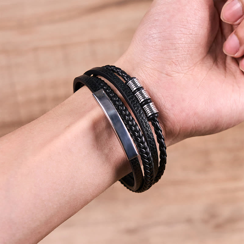 Buddha Stones Fashion Titanium Steel Leather Hand Woven Magnetic Buckle Strengthen Bracelet