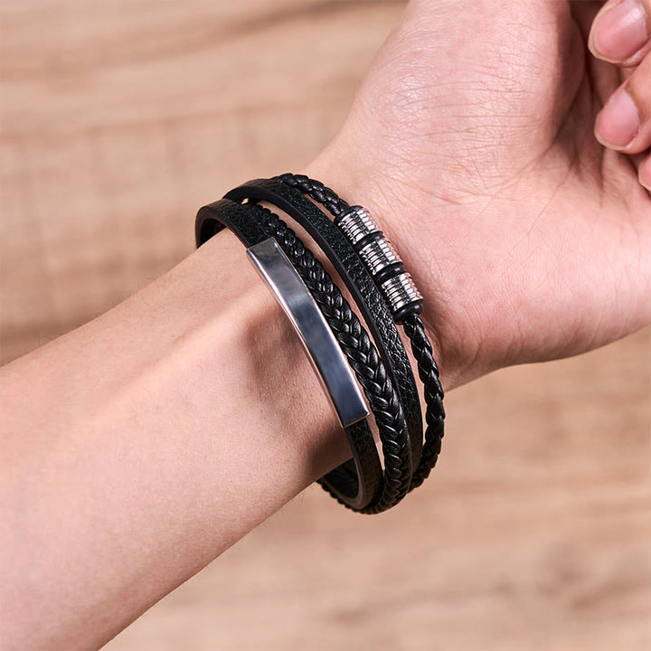 Buddha Stones Fashion Titanium Steel Leather Hand Woven Magnetic Buckle Strengthen Bracelet