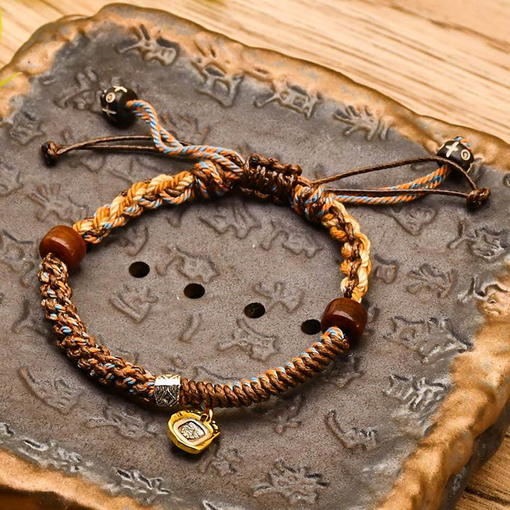 Buddha Stones Handmade Tibetan Zakiram Goddess Of Wealth Wood Protection Braided Bracelet