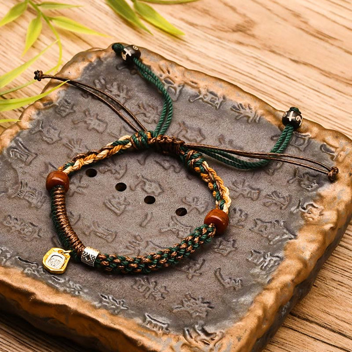 Buddha Stones Handmade Tibetan Zakiram Goddess Of Wealth Wood Protection Braided Bracelet