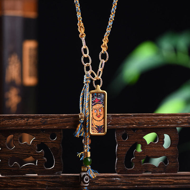 Buddha Stones Tibet God Of Wealth Titanium Steel Thangka Wealth Necklace Pendant
