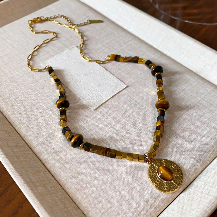 Buddha Stones Natural Tiger Eye Square Protection Titanium Steel Necklace Pendant