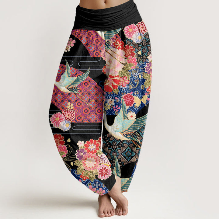 Buddha Stones Crane Flower Pattern Women's Elastic Waist Harem Pants - Black - US22，UK/AU26，EU54 (6XL) - image 1