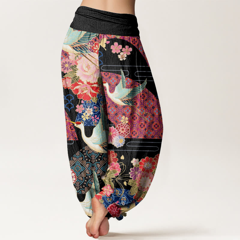 Buddha Stones Crane Flower Pattern Women's Elastic Waist Harem Pants - image 2