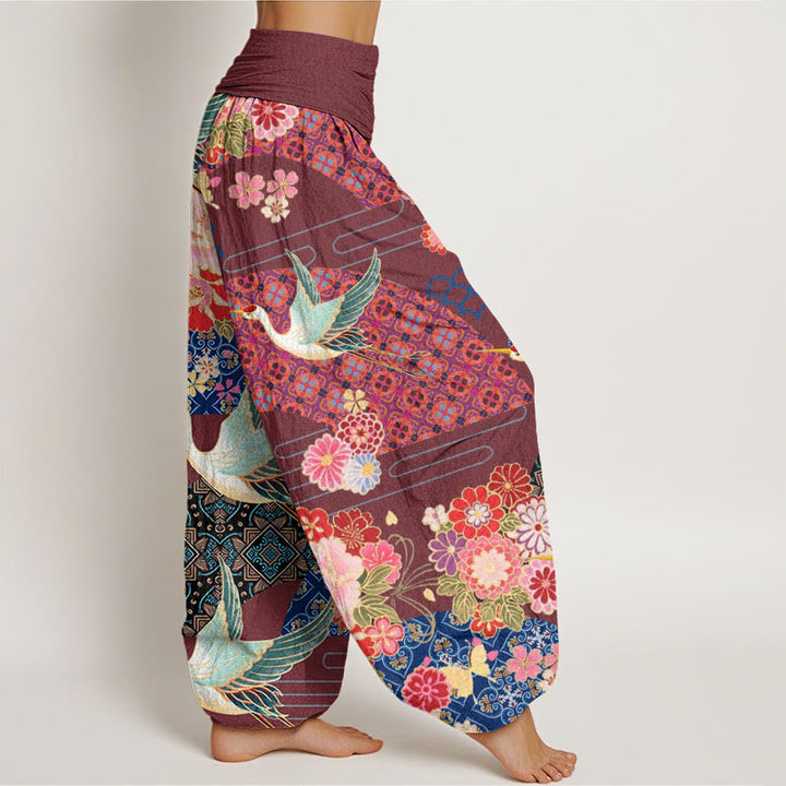 Buddha Stones Crane Flower Pattern Women's Elastic Waist Harem Pants - image 7