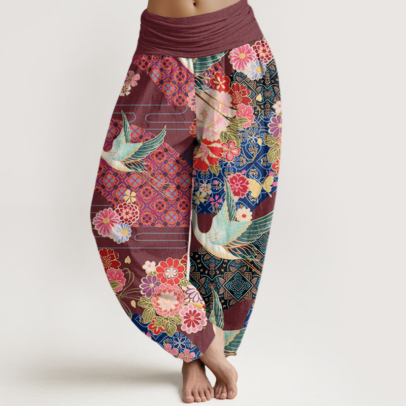 Buddha Stones Crane Flower Pattern Women's Elastic Waist Harem Pants - Brown - US22，UK/AU26，EU54 (6XL) - image 5