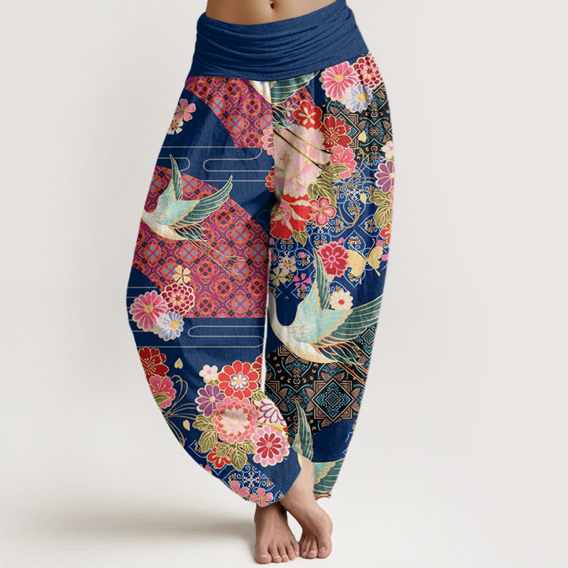 Buddha Stones Crane Flower Pattern Women's Elastic Waist Harem Pants - SteelBlue - US22，UK/AU26，EU54 (6XL) - image 8