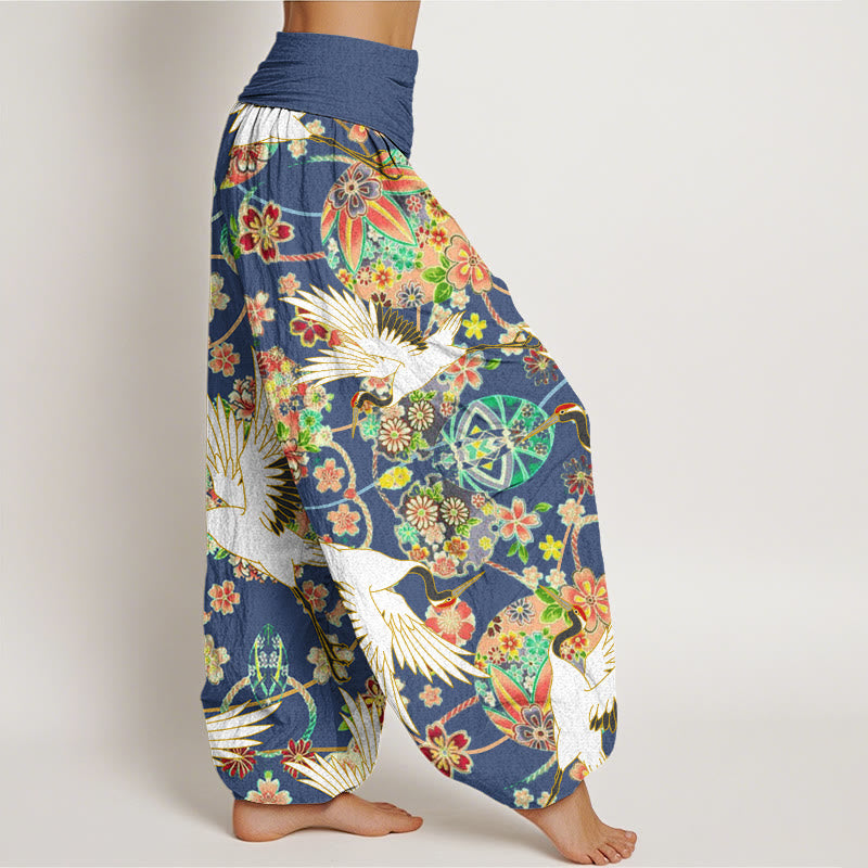 Buddha Stones Casual Crane Floral Geometric Pattern Elastic Waist Women's Harem Pants - image 3