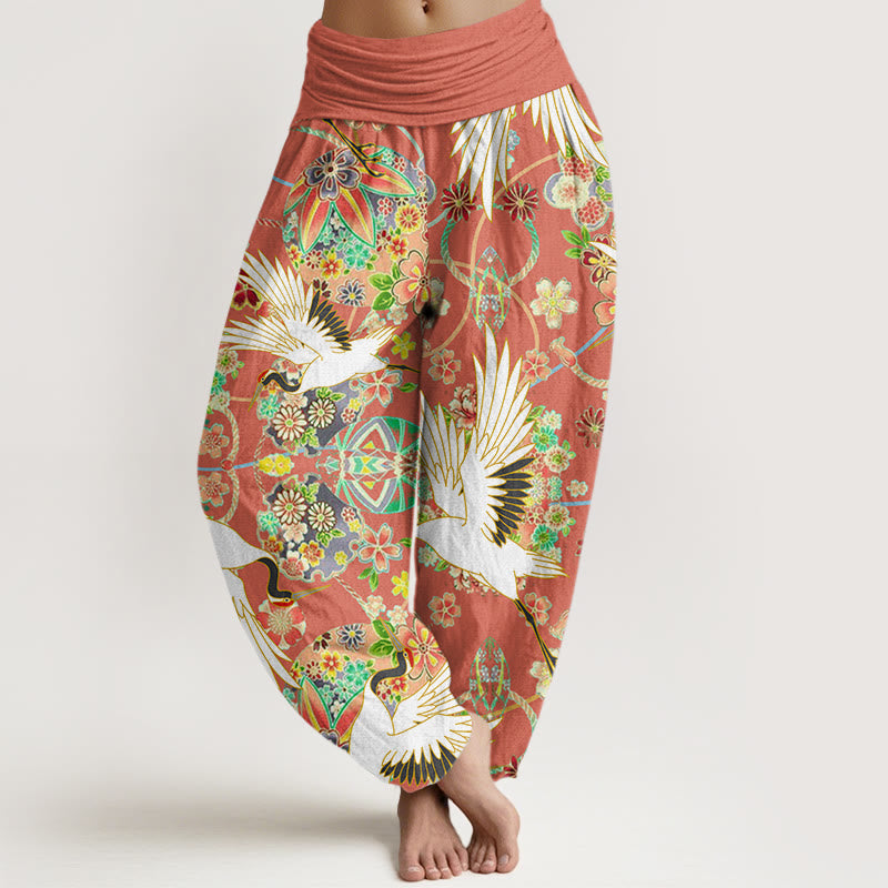 Buddha Stones Cotton Casual Crane Floral Geometric Pattern Elastic Waist Women's Harem Pants - DarkOrange - US22，UK/AU26，EU54 (6XL) - image 4