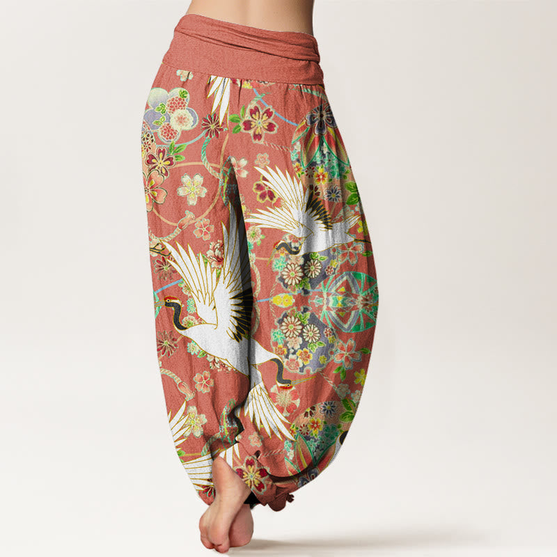 Buddha Stones Casual Crane Floral Geometric Pattern Elastic Waist Women's Harem Pants - image 6