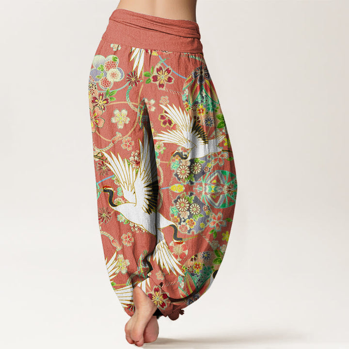 Buddha Stones Casual Crane Floral Geometric Pattern Elastic Waist Women's Harem Pants - image 6