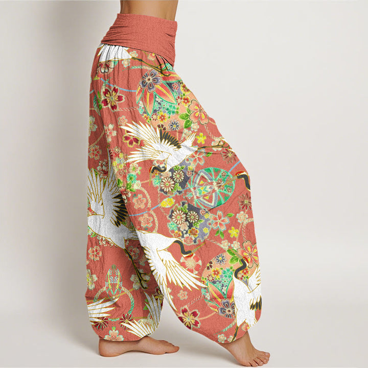 Buddha Stones Casual Crane Floral Geometric Pattern Elastic Waist Women's Harem Pants - image 7