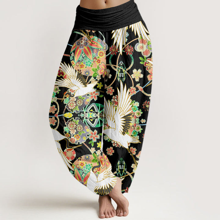 Buddha Stones Casual Crane Floral Geometric Pattern Elastic Waist Women's Harem Pants - Black - US22，UK/AU26，EU54 (6XL) - image 8