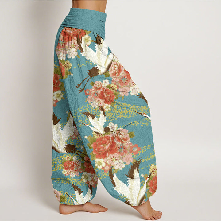Buddha Stones Casual Crane Peony Cherry Blossom Pattern Elastic Waist Women's Harem Pants - image 3