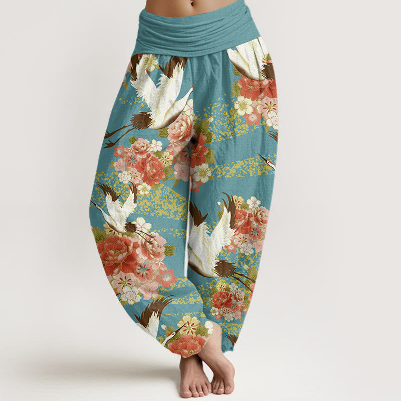 Buddha Stones Casual Crane Peony Cherry Blossom Pattern Elastic Waist Women's Harem Pants - MediumTurquoise - US22，UK/AU26，EU54 (6XL) - image 1
