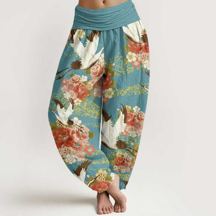 Buddha Stones Casual Crane Peony Cherry Blossom Pattern Elastic Waist Women's Harem Pants - MediumTurquoise - US22，UK/AU26，EU54 (6XL) - image 1