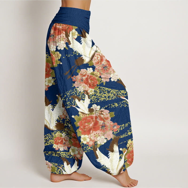 Buddha Stones Casual Crane Peony Cherry Blossom Pattern Elastic Waist Women's Harem Pants - image 7