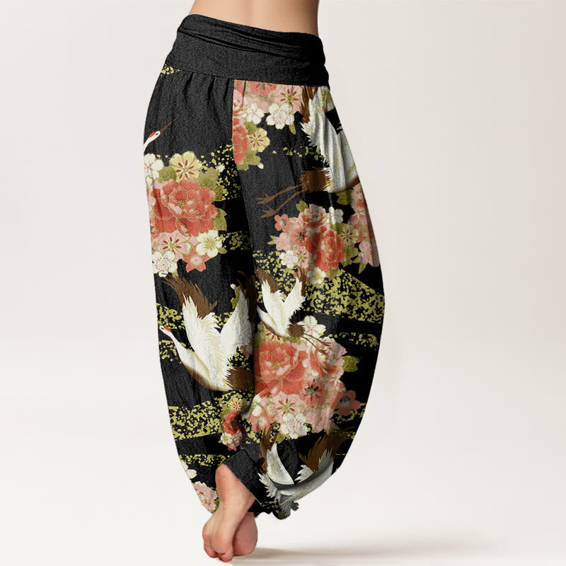 Buddha Stones Casual Crane Peony Cherry Blossom Pattern Elastic Waist Women's Harem Pants - image 9
