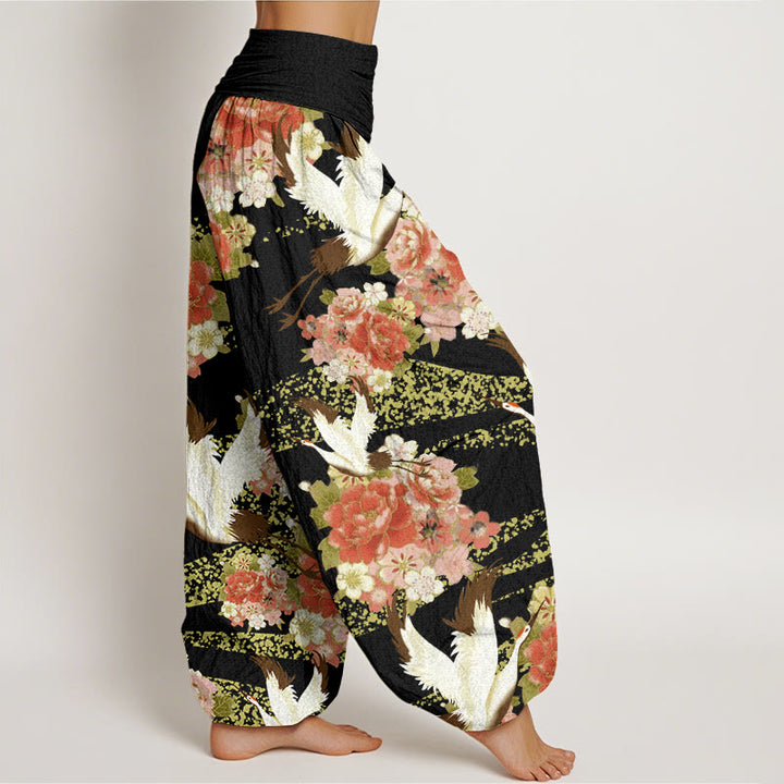 Buddha Stones Casual Crane Peony Cherry Blossom Pattern Elastic Waist Women's Harem Pants - image 10