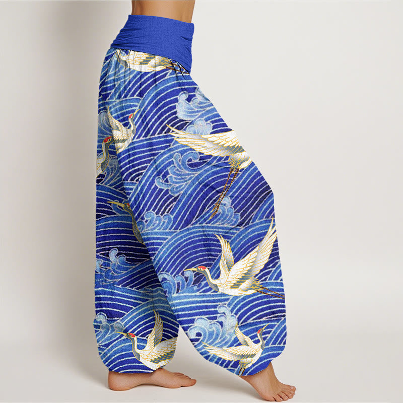 Buddha Stones Casual Crane Ocean Waves Pattern Elastic Waist Women's Harem Pants - image 3
