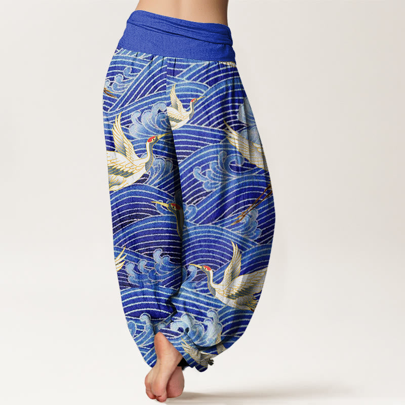 Buddha Stones Cotton Casual Crane Ocean Waves Pattern Elastic Waist Women's Harem Pants - image 1