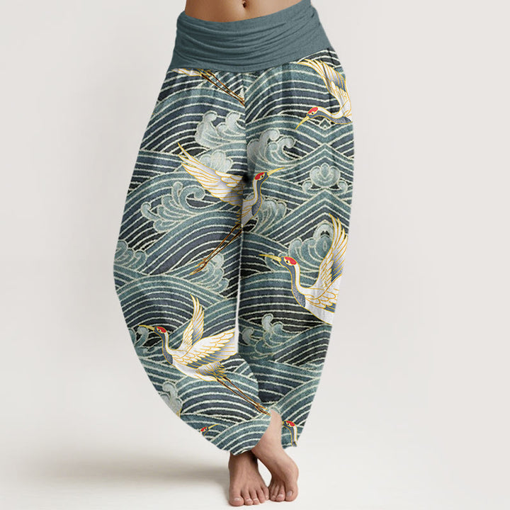 Buddha Stones Casual Crane Ocean Waves Pattern Elastic Waist Women's Harem Pants - CadetBlue - US22，UK/AU26，EU54 (6XL) - image 5