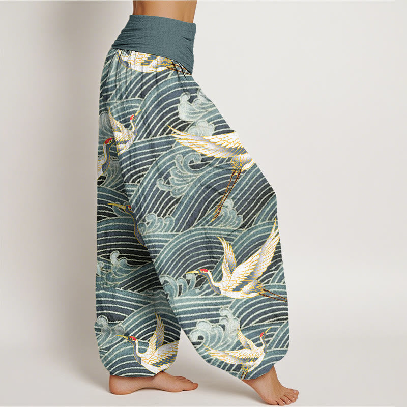 Buddha Stones Casual Crane Ocean Waves Pattern Elastic Waist Women's Harem Pants - image 7