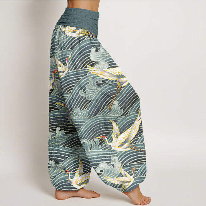 Buddha Stones Casual Crane Ocean Waves Pattern Elastic Waist Women's Harem Pants - image 7