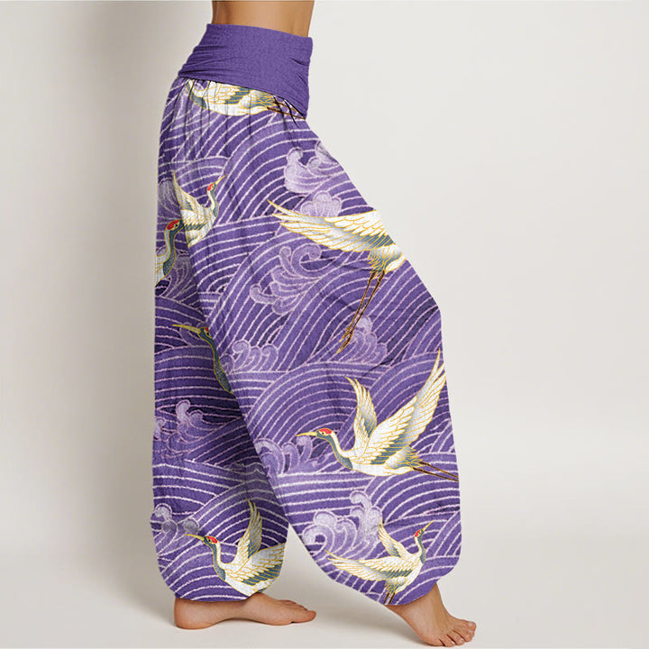 Buddha Stones Casual Crane Ocean Waves Pattern Elastic Waist Women's Harem Pants - image 10