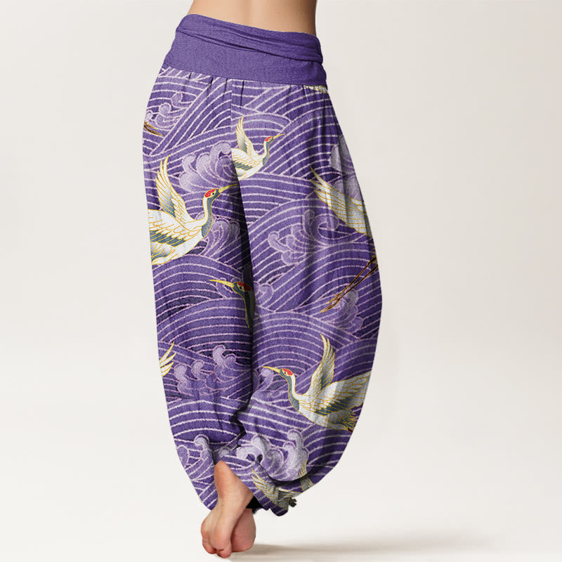 Buddha Stones Casual Crane Ocean Waves Pattern Elastic Waist Women's Harem Pants - image 9