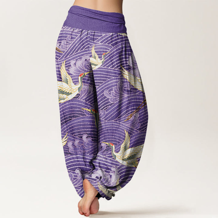 Buddha Stones Casual Crane Ocean Waves Pattern Elastic Waist Women's Harem Pants - image 9