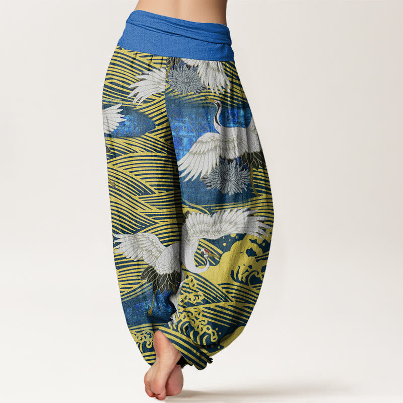 Buddha Stones Casual Crane Ocean Waves Chrysanthemum Pattern Women's Elastic Waist Harem Pants - image 2