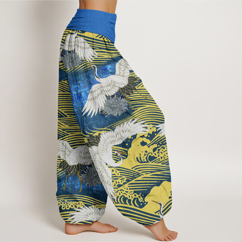 Buddha Stones Casual Crane Ocean Waves Chrysanthemum Pattern Women's Elastic Waist Harem Pants - image 3