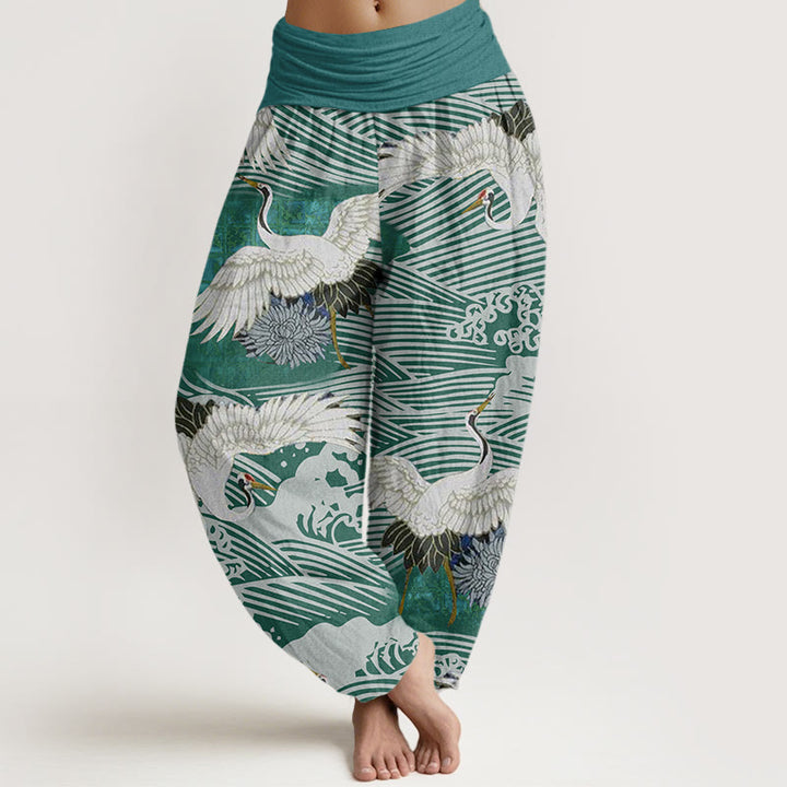 Buddha Stones Casual Crane Ocean Waves Chrysanthemum Pattern Women's Elastic Waist Harem Pants - LightSeaGreen - US22，UK/AU26，EU54 (6XL) - image 5