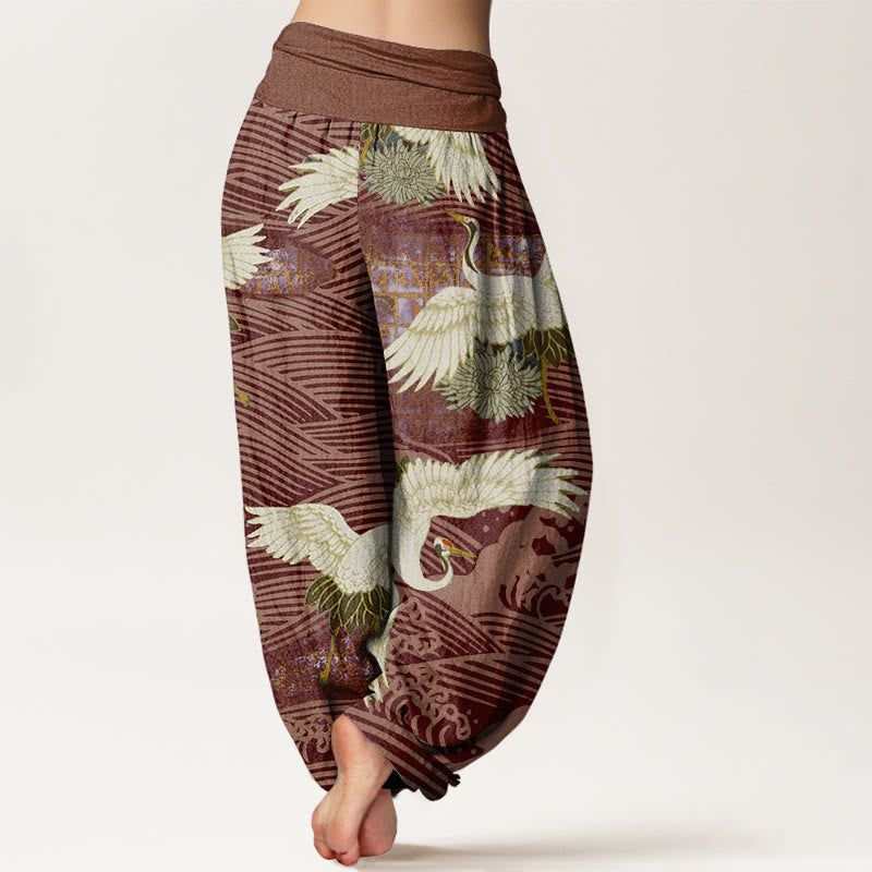Buddha Stones Casual Crane Ocean Waves Chrysanthemum Pattern Women's Elastic Waist Harem Pants - image 9