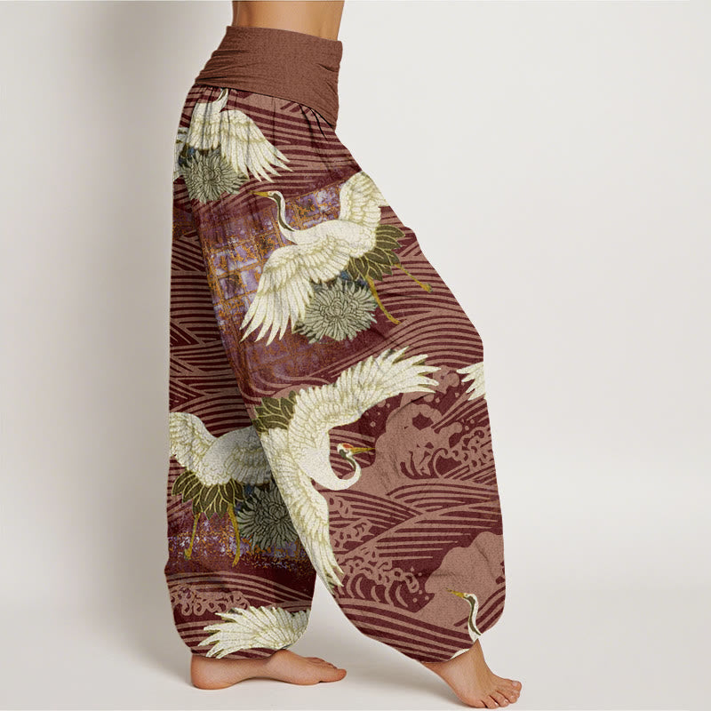Buddha Stones Casual Crane Ocean Waves Chrysanthemum Pattern Women's Elastic Waist Harem Pants - image 10