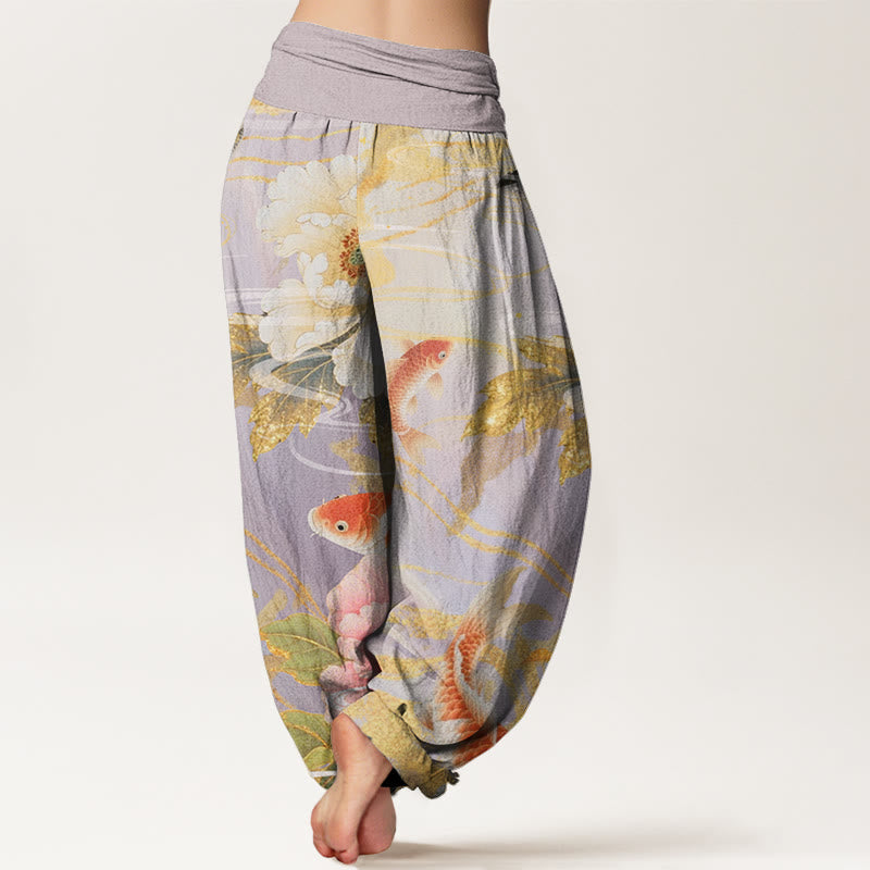 Buddha Stones Casual Peony Koi Fish Golden-Edged Leaves Pattern Women's Elastic Waist Harem Pants - image 2