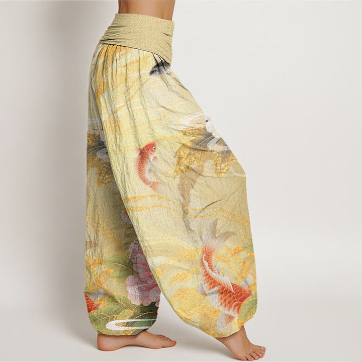 Buddha Stones Casual Peony Koi Fish Golden-Edged Leaves Pattern Women's Elastic Waist Harem Pants - image 7