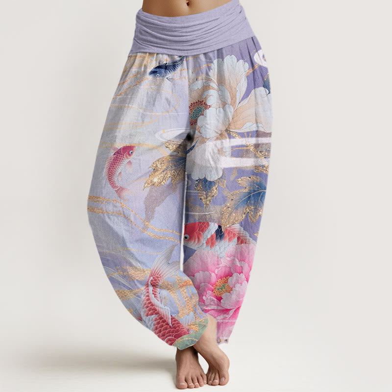 Buddha Stones Casual Peony Koi Fish Golden-Edged Leaves Pattern Women's Elastic Waist Harem Pants - Plum - US22，UK/AU26，EU54 (6XL) - image 8