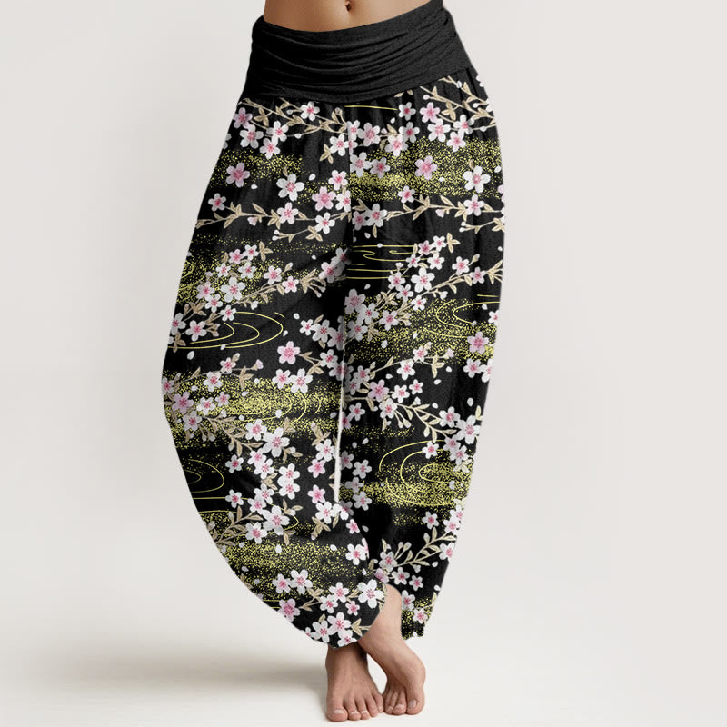 Buddha Stones Casual Cherry Blossom Water Pattern Women's Elastic Waist Harem Pants - Black - US22，UK/AU26，EU54 (6XL) - image 8