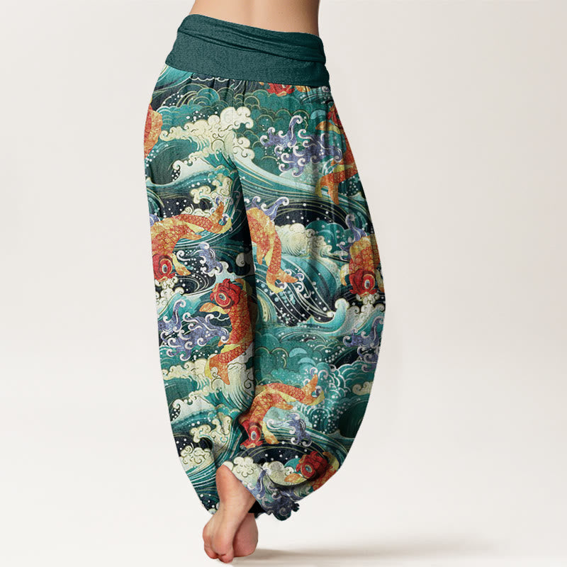 Buddha Stones Casual Koi Fish Ocean Waves Pattern Women's Elastic Waist Harem Pants - image 2